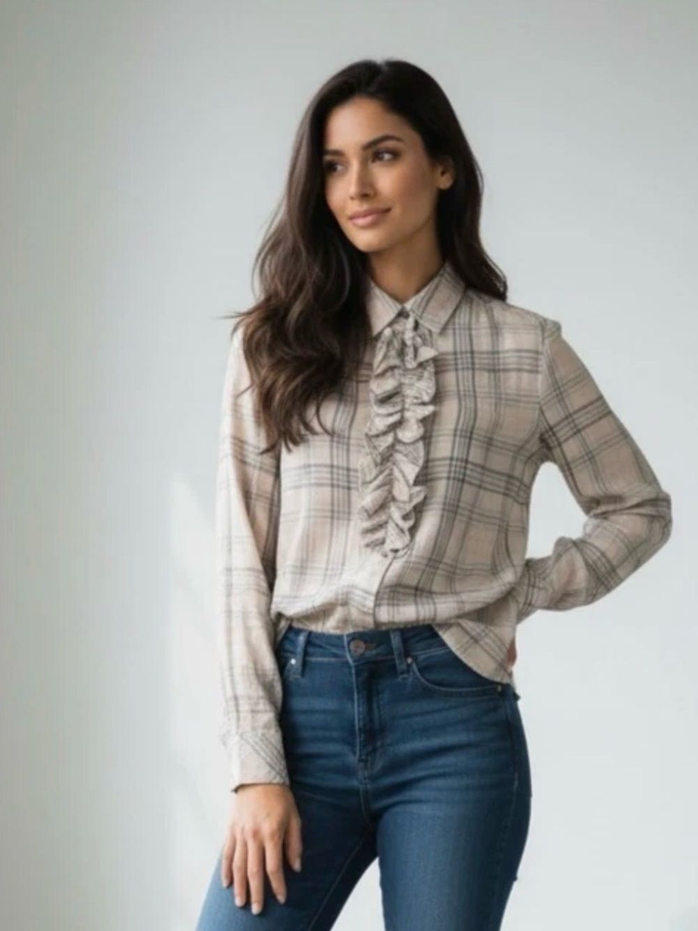 Tuckernuck  Beige Gold Plaid Flannel Blouse Ruffled Collar Long Sleeve Small